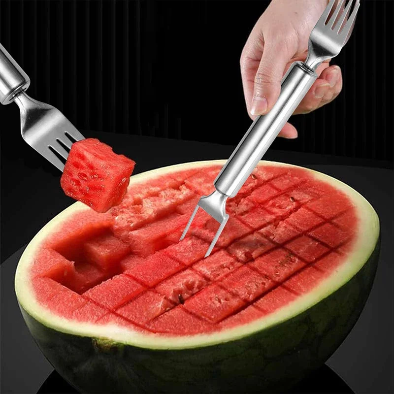 Watermelon Slicer Cutter - 多目的ポータブル 2In1 スイカスライサーフォークスイカスライサーカッターナイフステンレス鋼キッチンフルーツカッティングフォーク