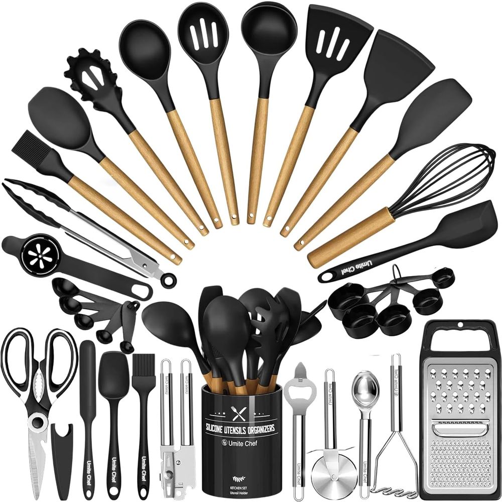 Kitchen Gadgets Holder - キッチン用品セット - 34個入りシリコン製調理器具セット、ホルダー付き、耐熱、黒木ハンドル、ガジェットツールセット