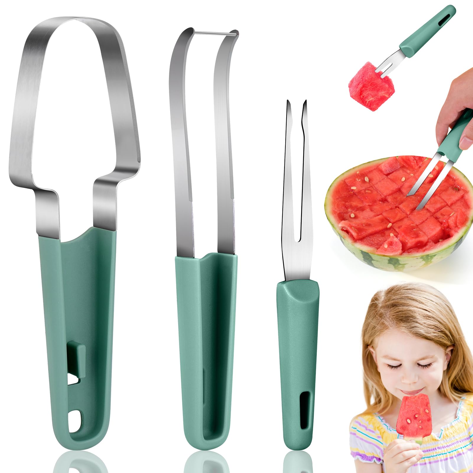Watermelon Slicer Cutter - 3 in 1 スイカフォークスライサーカッター ステンレス製フルーツカッティングツール スイカフォークスライサーナイフセット