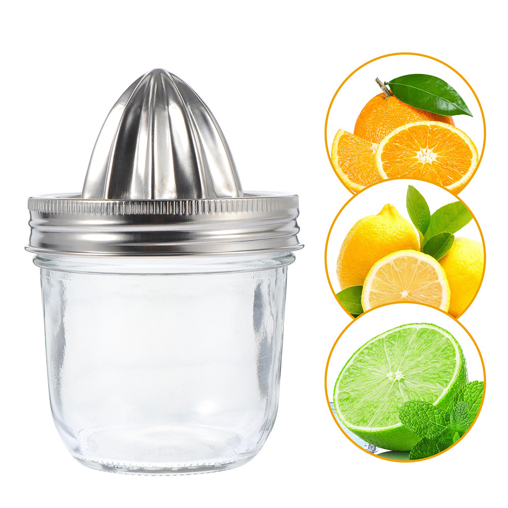 Citrus Lemon Squeezer - 2個入り、メイソンジャー型、ステンレス製、手動式ジューサー。オレンジやレモンなどの柑橘類を家庭やキッチンで手軽に絞ってジュースにするのに最適。