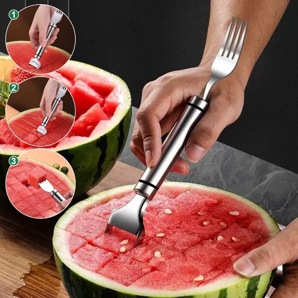 Watermelon Slicer Cutter - 2-in-1ステンレス製フルーツカッター、スイカフォークスライサー、カットツール、家庭用パーティーキャンプキッチンガジェット用スイカフォークカッター（1個）