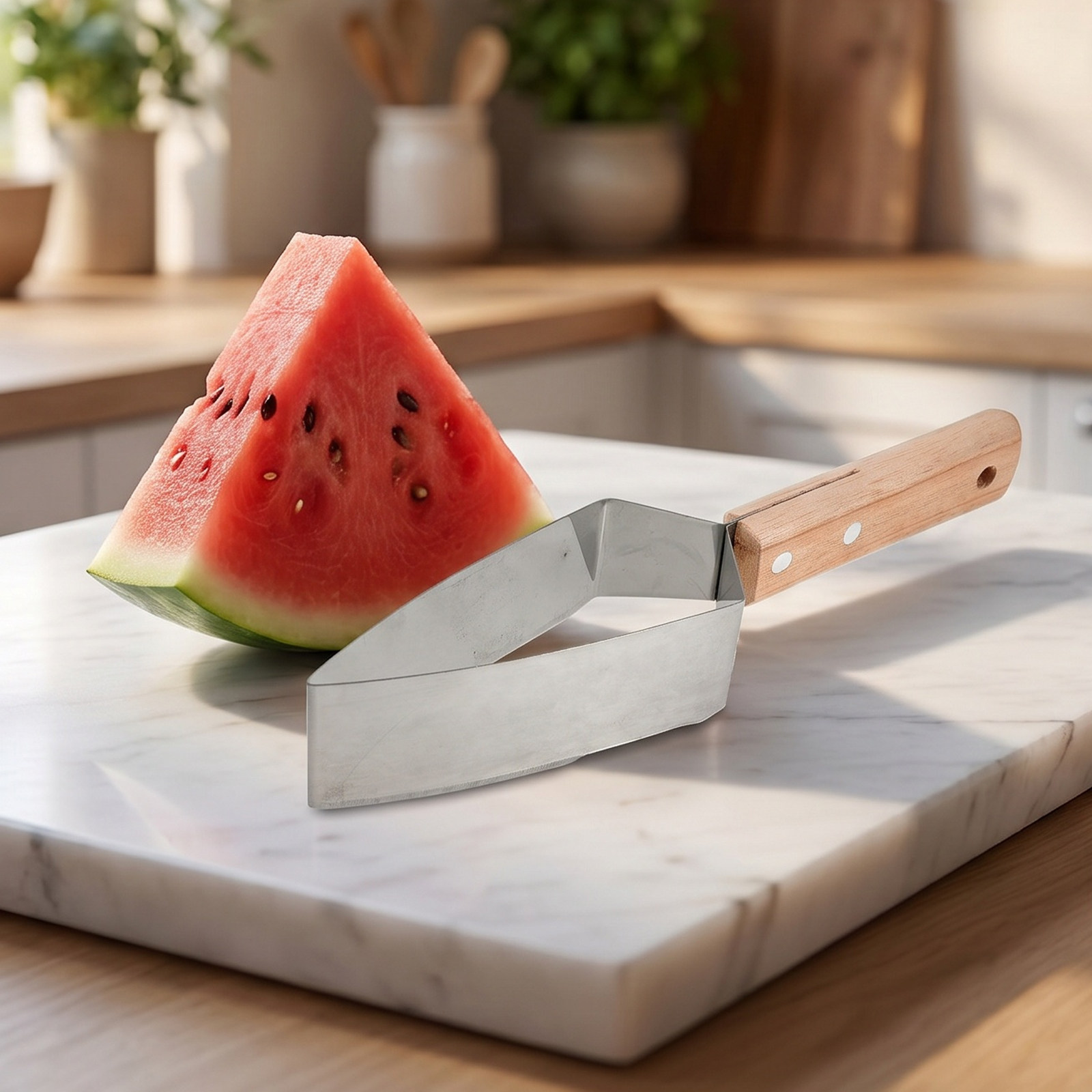 ステンレス製三角形スイカスライサー 木製ハンドル フルーツカ - Watermelon Slicer Cutter のレビューと価格